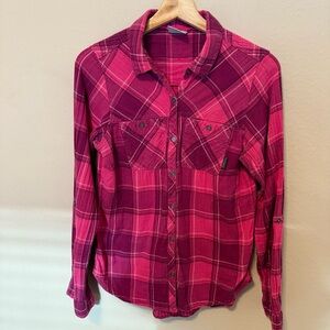 Columbia shirt Women Medium Pink Plaid Button Up Long Sleeve Button Down Cotton